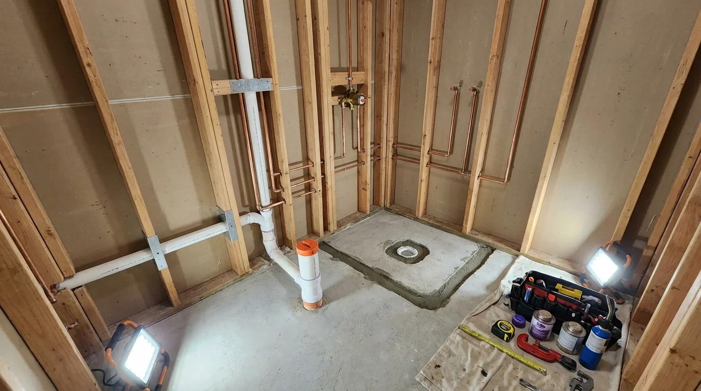 Bathroom rough-in plumbing during remodel by Johns Plumbing LLC in Belton