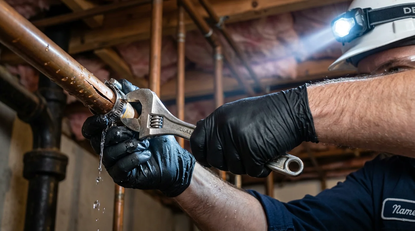 Emergency pipe clamp repair being performed by a Johns Plumbing LLC plumber in Belton