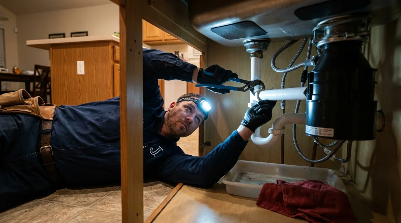P-trap and supply line connections under a kitchen sink showing a common leak point in Belton, SC